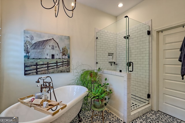 533 Ledford Rd, Dillard, GA 30537 - bathroom featuring tile patterned floors, a stall shower, a freestanding tub, a chandelier, and recessed lighting