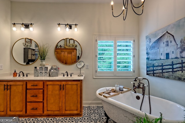 533 Ledford Rd, Dillard, GA 30537 - full bath with double vanity, a chandelier, a freestanding bath, and tile patterned floors