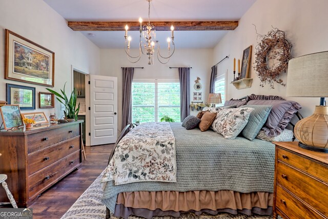 533 Ledford Rd, Dillard, GA 30537 - bedroom featuring dark wood-style floors, beamed ceiling, and a chandelier
