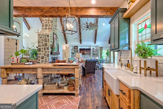 533 Ledford Rd, Dillard, GA 30537 - kitchen featuring green cabinets, a chandelier, light countertops, beam ceiling, and dark wood finished floors