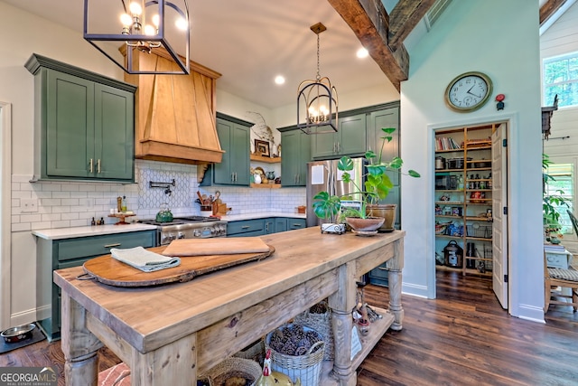 533 Ledford Rd, Dillard, GA 30537 - kitchen with green cabinetry, a chandelier, light countertops, freestanding refrigerator, and recessed lighting