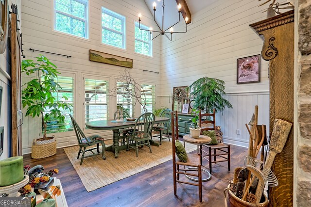 533 Ledford Rd, Dillard, GA 30537 - dining space with high vaulted ceiling, a chandelier, wood walls, and dark wood finished floors