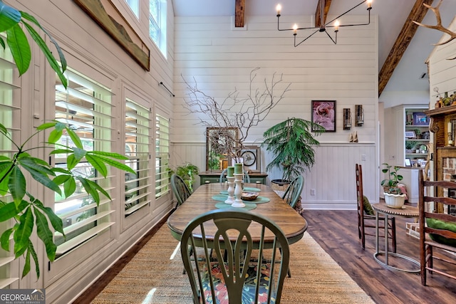 533 Ledford Rd, Dillard, GA 30537 - dining room featuring beam ceiling, dark wood finished floors, healthy amount of natural light, a chandelier, and wooden walls