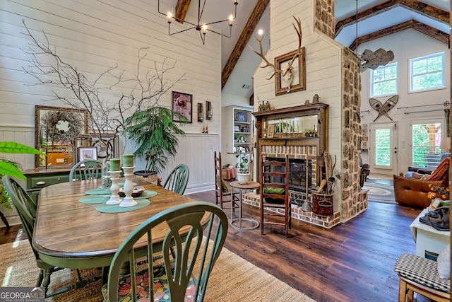 533 Ledford Rd, Dillard, GA 30537 - dining area featuring high vaulted ceiling, wood finished floors, beamed ceiling, wooden walls, and a chandelier