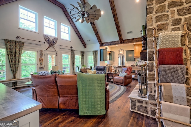 533 Ledford Rd, Dillard, GA 30537 - living room with high vaulted ceiling, a ceiling fan, dark wood finished floors, and beamed ceiling