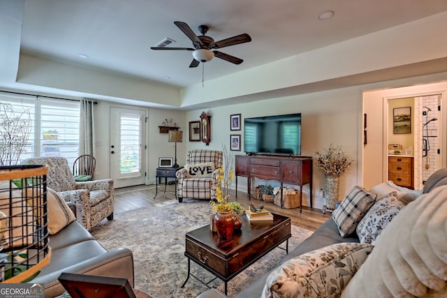 533 Ledford Rd, Dillard, GA 30537 - living area with ceiling fan, wood finished floors, recessed lighting, and a tray ceiling