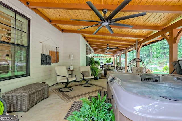 533 Ledford Rd, Dillard, GA 30537 - view of patio featuring a ceiling fan and a hot tub