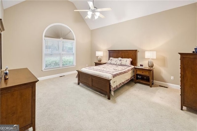 845 Darby Rd, Waleska, GA 30183 - bedroom featuring light colored carpet, a ceiling fan, and high vaulted ceiling