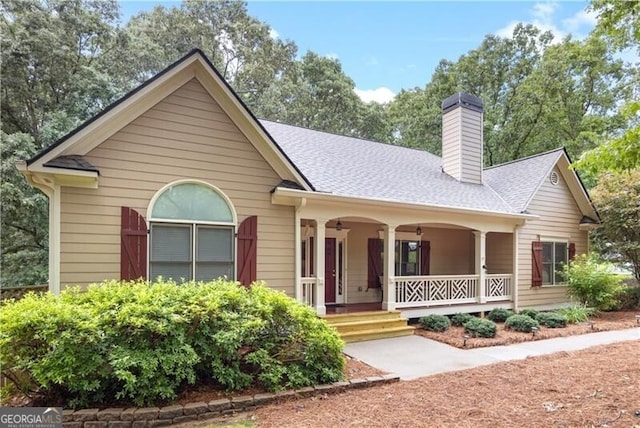 845 Darby Rd, Waleska, GA 30183 - view of front of property with a porch, a chimney, a ceiling fan, and a shingled roof