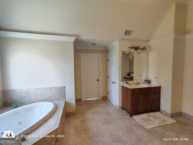 1292 Hidden Spirit Trl, Lawrenceville, GA 30045 - bathroom with vanity, a jetted tub, tile patterned flooring, and crown molding