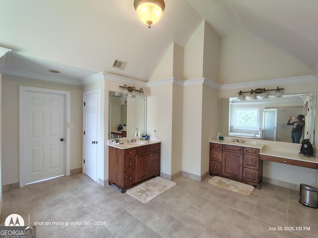 1292 Hidden Spirit Trl, Lawrenceville, GA 30045 - full bath with two vanities, high vaulted ceiling, and tile patterned flooring