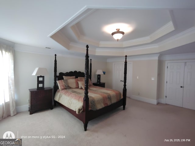 1292 Hidden Spirit Trl, Lawrenceville, GA 30045 - bedroom featuring a raised ceiling, crown molding, and light carpet