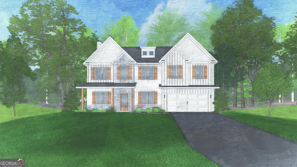 4094 Holstein Hl Unit 112, Columbus, GA 31904 - view of front of house with asphalt driveway, a garage, a front lawn, and stone siding