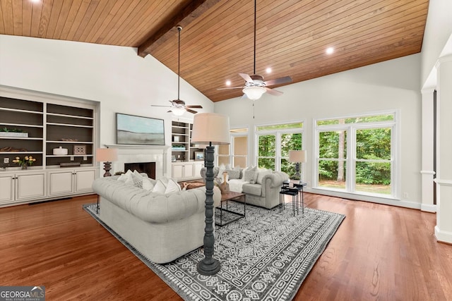 5455 Malone Ct, Powder Springs, GA 30127 - living room with a fireplace, ceiling fan, a wood ceiling with exposed beams, high vaulted ceiling, and recessed lighting