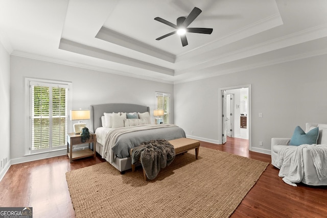 5455 Malone Ct, Powder Springs, GA 30127 - bedroom featuring a tray ceiling, ornamental molding, wood finished floors, and ceiling fan