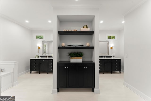 5455 Malone Ct, Powder Springs, GA 30127 - bar area featuring light wood-type flooring, crown molding, and recessed lighting