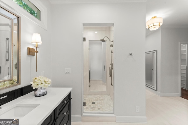 5455 Malone Ct, Powder Springs, GA 30127 - full bathroom featuring a shower stall, vanity, and crown molding