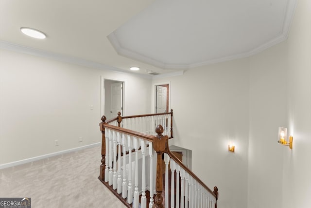 5455 Malone Ct, Powder Springs, GA 30127 - corridor featuring an upstairs landing, crown molding, carpet floors, a raised ceiling, and recessed lighting
