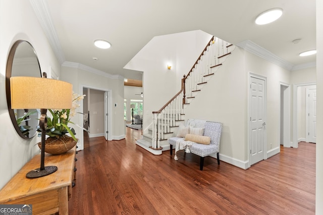 5455 Malone Ct, Powder Springs, GA 30127 - foyer entrance with stairs, wood finished floors, and crown molding