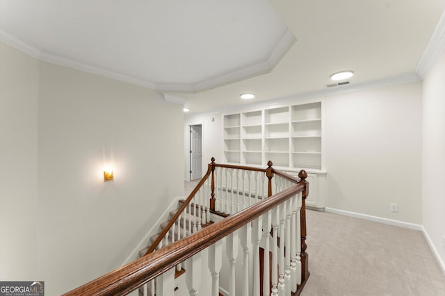 5455 Malone Ct, Powder Springs, GA 30127 - hallway with an upstairs landing, ornamental molding, recessed lighting, light carpet, and built in features