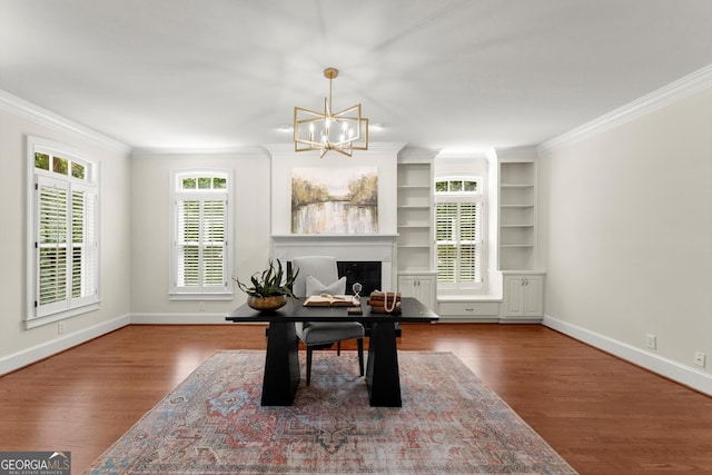 5455 Malone Ct, Powder Springs, GA 30127 - office space featuring ornamental molding, wood finished floors, a chandelier, a fireplace, and built in features
