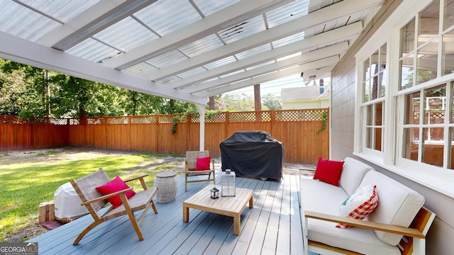 1437 18th St, Columbus, GA 31901 - wooden terrace featuring area for grilling, outdoor lounge area, a fenced backyard, and a pergola