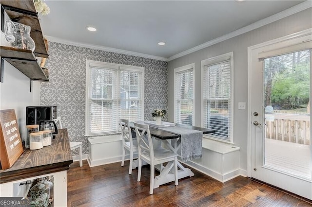 1361 Chatley Way, Woodstock, GA 30188 - dining space featuring wallpapered walls, ornamental molding, wood-type flooring, and recessed lighting