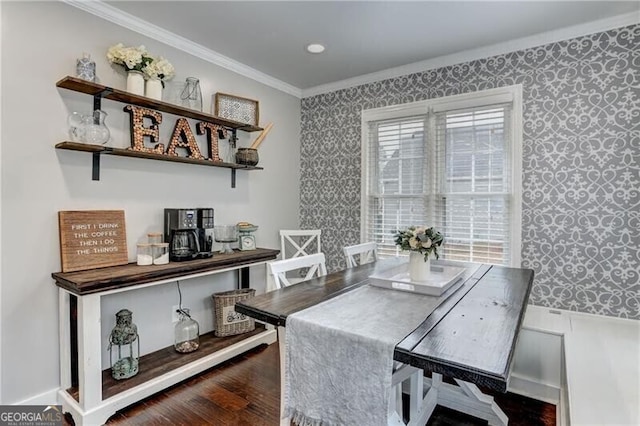 1361 Chatley Way, Woodstock, GA 30188 - dining area featuring wallpapered walls, ornamental molding, and dark wood-style flooring