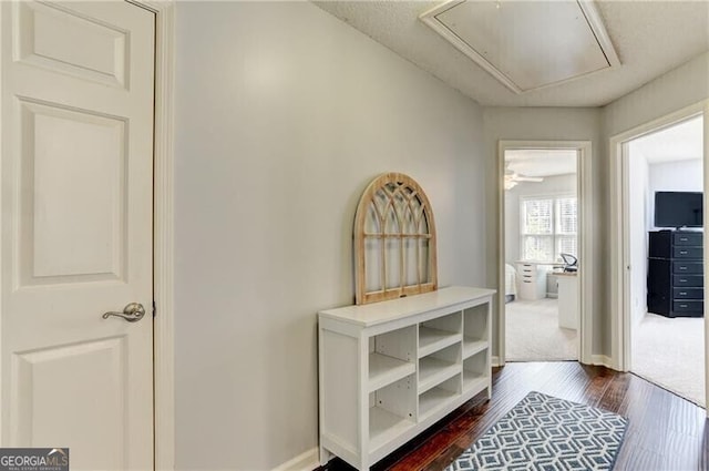 1361 Chatley Way, Woodstock, GA 30188 - corridor with attic access and dark wood-style flooring