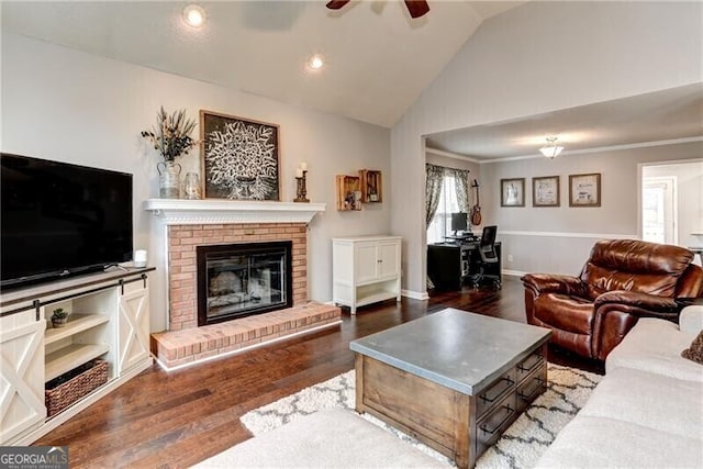 1361 Chatley Way, Woodstock, GA 30188 - living room with ceiling fan, vaulted ceiling, wood finished floors, a fireplace, and a desk
