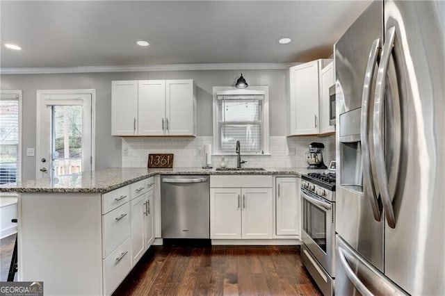 1361 Chatley Way, Woodstock, GA 30188 - kitchen with appliances with stainless steel finishes, a peninsula, ornamental molding, white cabinets, and dark wood-style flooring