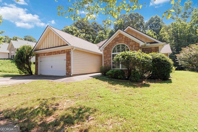 154 Ashebrooke Way, Jefferson, GA 30549 - view of front of home with board and batten siding, stone siding, a garage, driveway, and a front lawn