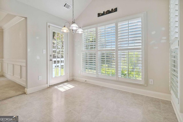 154 Ashebrooke Way, Jefferson, GA 30549 - unfurnished dining area with a chandelier, plenty of natural light, vaulted ceiling, and tile patterned flooring
