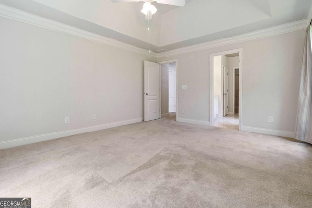 154 Ashebrooke Way, Jefferson, GA 30549 - unfurnished bedroom featuring a raised ceiling, carpet flooring, ornamental molding, and a ceiling fan