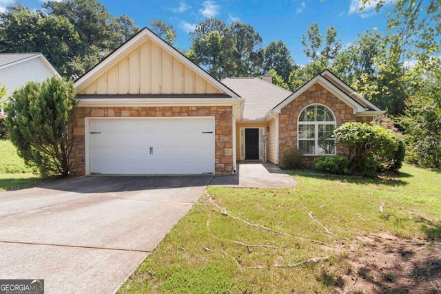 154 Ashebrooke Way, Jefferson, GA 30549 - ranch-style home featuring stone siding, board and batten siding, a garage, a front lawn, and driveway