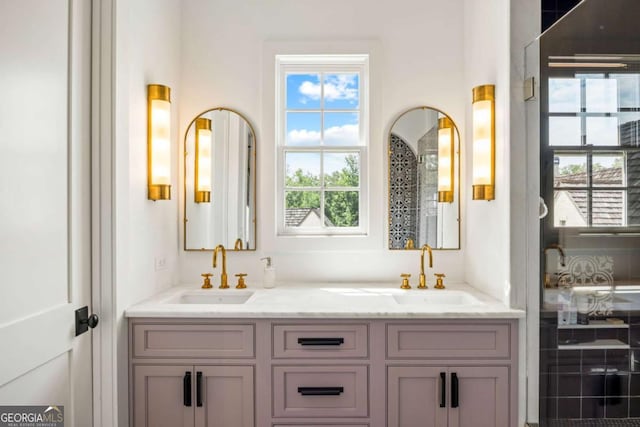 11277 Serenbe Ln, Chattahoochee Hills, GA 30268 - bathroom with double vanity and tiled shower