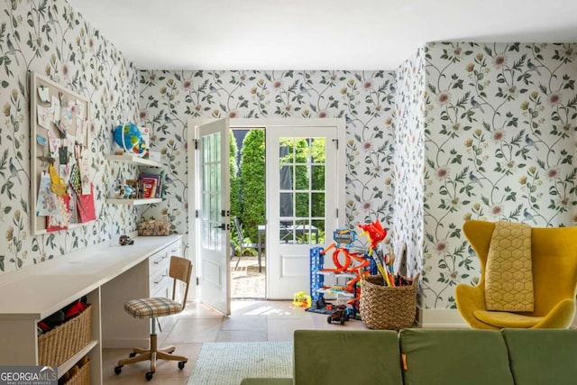 11277 Serenbe Ln, Chattahoochee Hills, GA 30268 - rec room featuring wallpapered walls, an office area, and light tile patterned floors