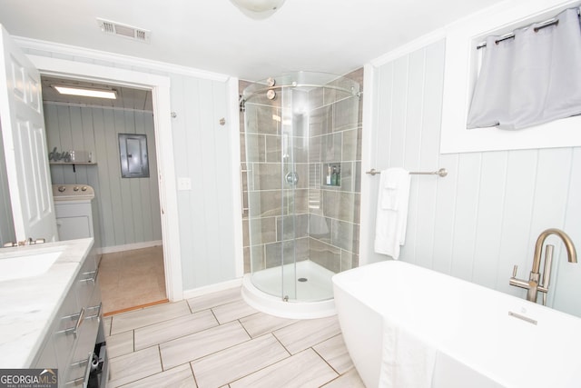 2200 3rd Ave, Opelika, AL 36801 - bathroom featuring a shower stall, a freestanding bath, vanity, and ornamental molding