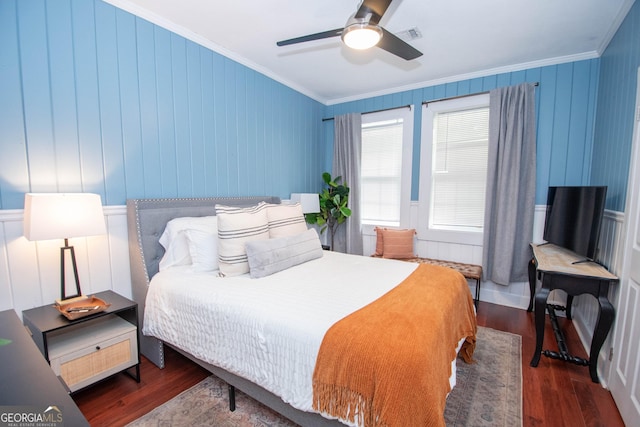 2200 3rd Ave, Opelika, AL 36801 - bedroom with ornamental molding, dark wood-style floors, a decorative wall, and ceiling fan