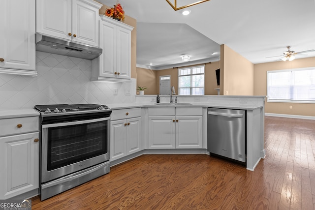 3209 Telhurst Way, Buford, GA 30519 - kitchen featuring stainless steel appliances, under cabinet range hood, light countertops, dark wood-style floors, and recessed lighting