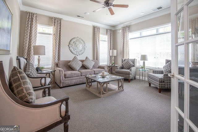 3209 Telhurst Way, Buford, GA 30519 - carpeted living area with ceiling fan, plenty of natural light, and ornamental molding