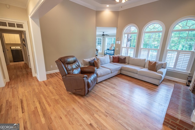 97 Windermere Cir, Newnan, GA 30265 - living room with ceiling fan, ornamental molding, plenty of natural light, and light wood-style floors