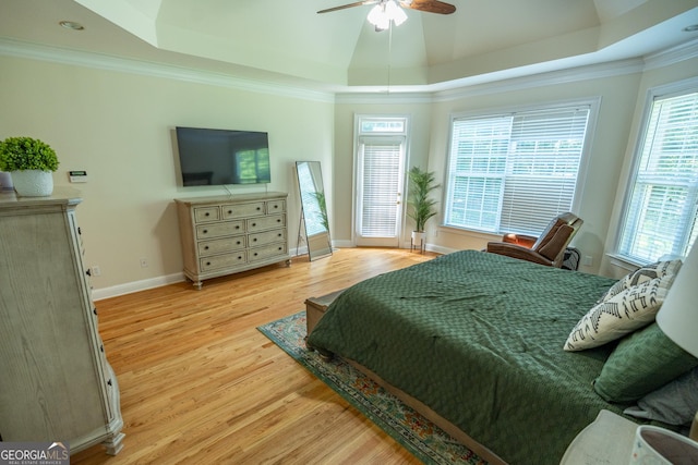 97 Windermere Cir, Newnan, GA 30265 - bedroom featuring a tray ceiling, light wood-style floors, crown molding, and ceiling fan