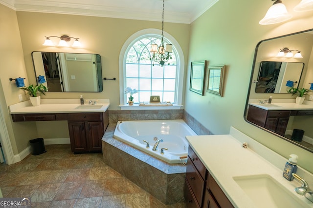 97 Windermere Cir, Newnan, GA 30265 - full bathroom featuring a whirlpool tub, ornamental molding, two vanities, and a chandelier