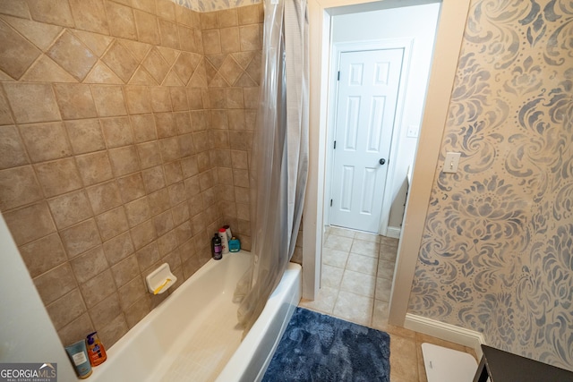 97 Windermere Cir, Newnan, GA 30265 - bathroom with tile patterned flooring and shower / bath combo with shower curtain