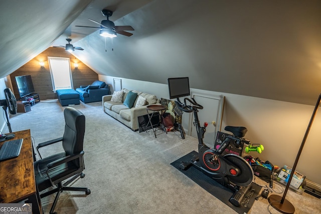 97 Windermere Cir, Newnan, GA 30265 - carpeted office space featuring lofted ceiling, wooden walls, and ceiling fan