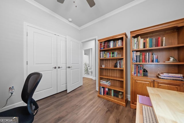 1290 Starboard Way, Greensboro, GA 30642 - office area featuring a ceiling fan, ornamental molding, and wood finished floors