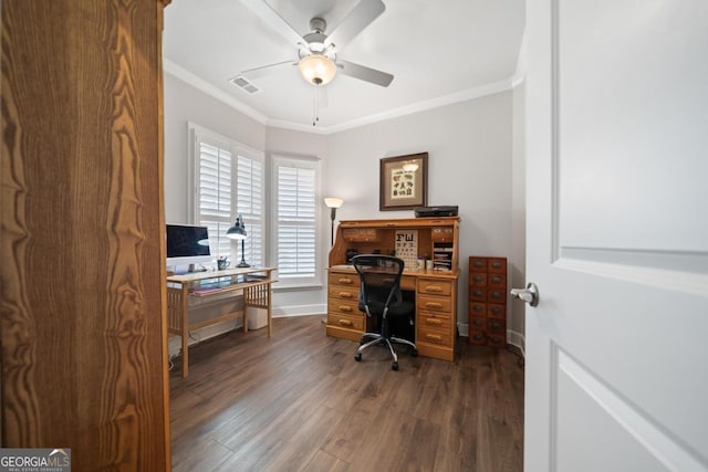 1290 Starboard Way, Greensboro, GA 30642 - office area featuring ornamental molding, dark wood-type flooring, and ceiling fan