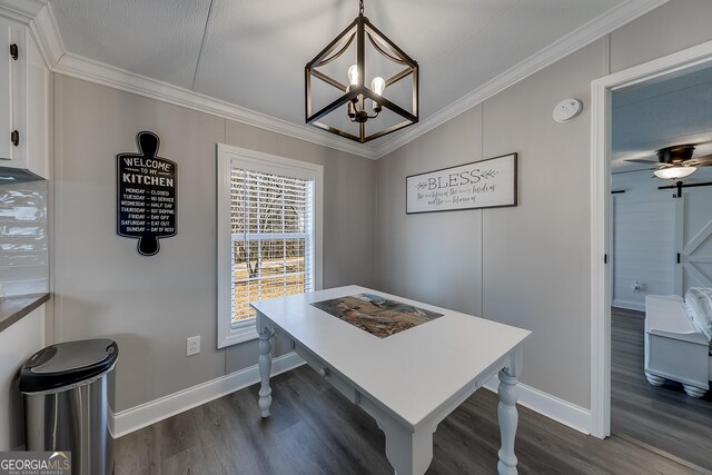 281 Jones Rd, Jefferson, GA 30549 - home office with ornamental molding, dark wood-style flooring, a chandelier, and ceiling fan