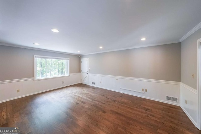 9805 Buice Rd, Alpharetta, GA 30022 - empty room with ornamental molding, a wainscoted wall, dark wood-style flooring, and recessed lighting